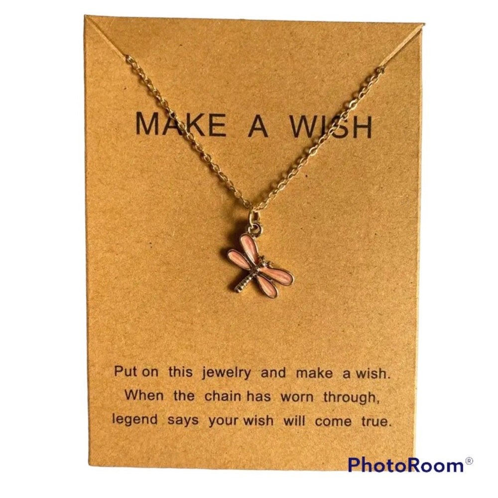 Pink Dragonfly necklace & card Make a Wish Jewelry